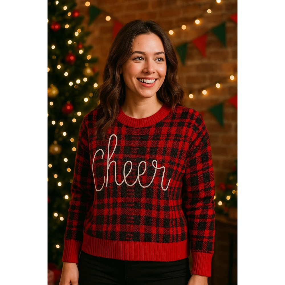 Ugly Christmas Holiday Cozy Soft Red Black Plaid Cheer Metallic Knit XL Sweater